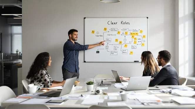 Team discussing workflow template with clear roles on whiteboard