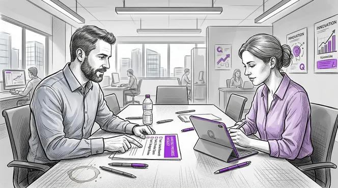 Coworkers reviewing task delegation checklist