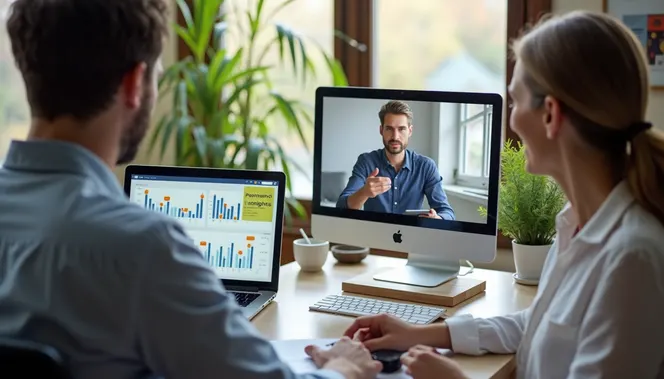 Remote team video call discussing time tracking performance insights
