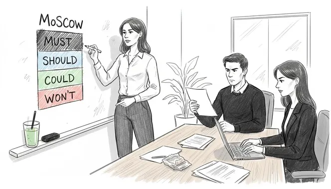 Project lead draws MoSCoW hierarchy on whiteboard