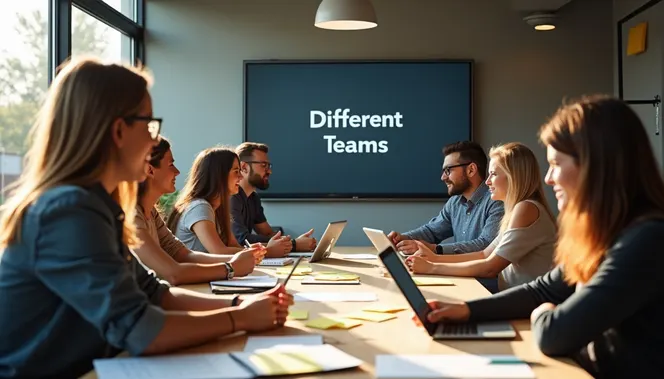Colleagues at workshop with 'Different Teams' on monitor
