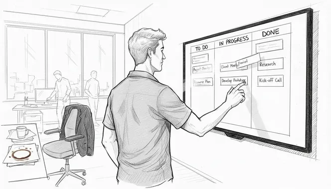 Person reviewing Kanban board for project visibility
