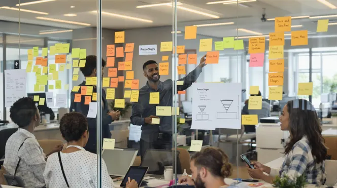 Sales team defines pipeline stages with notes and printout marked 'Process Stages'