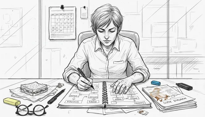 Manager maps process steps at cluttered desk