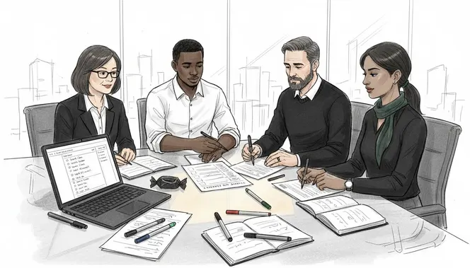 Team distributes project responsibility at table