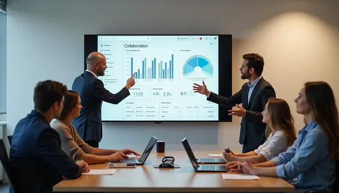 Business team reviewing customer data on interactive screen