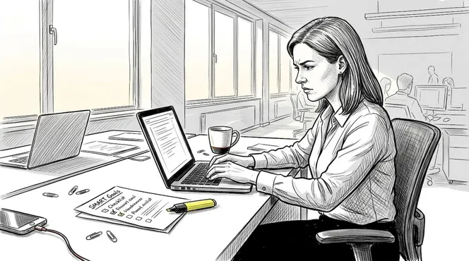 Manager working on SMART goals checklist at desk