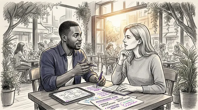 Two colleagues discussing communication in café