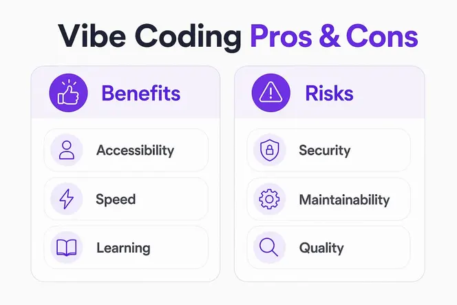 Infographic showing benefits and risks of vibe coding