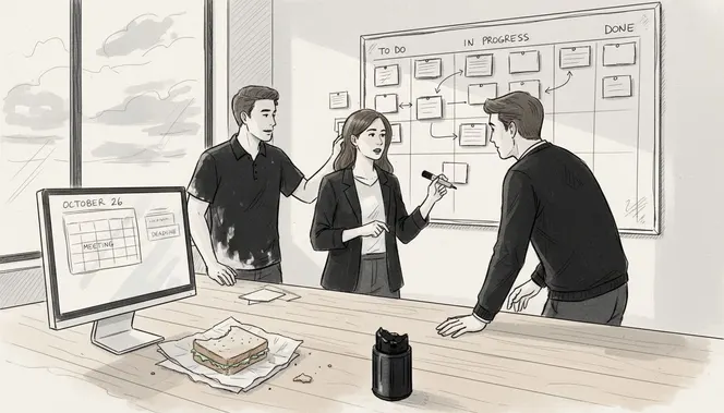 Team updates Kanban board in open-plan office