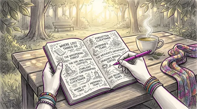 Hands writing story prompts from AI tool in café