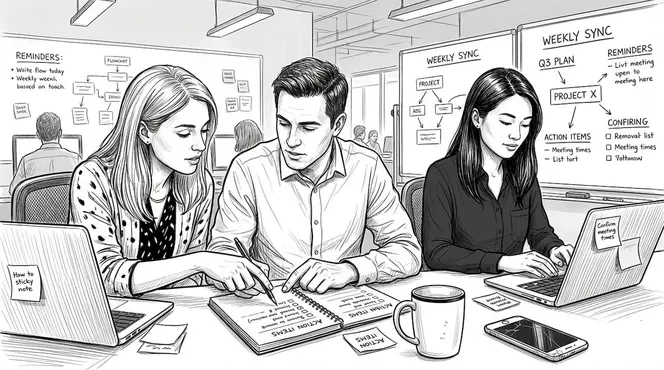 Colleagues preparing for weekly team meeting
