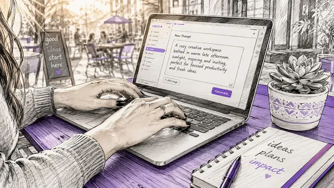 Hands typing prompt for AI flyer generation