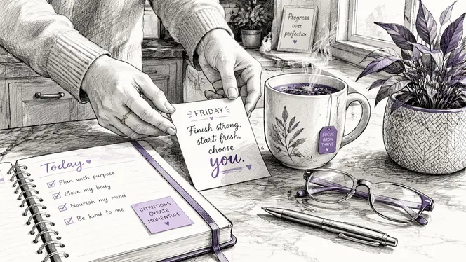 Hands placing motivational quote card by coffee