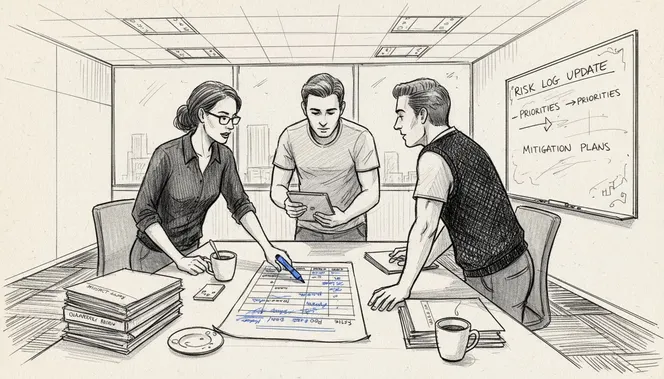Team updating printed project risk log