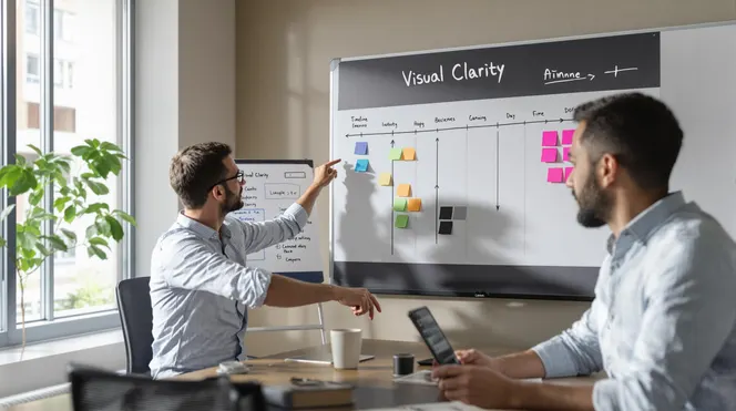 Colleagues compare Gantt chart printout and timeline on whiteboard