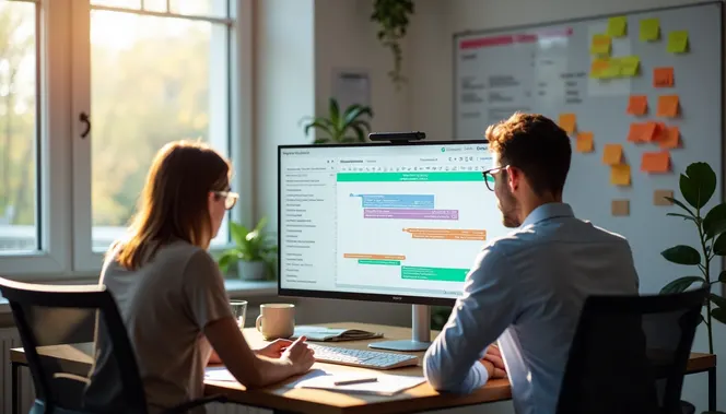 Colleagues reviewing Gantt chart with text banner